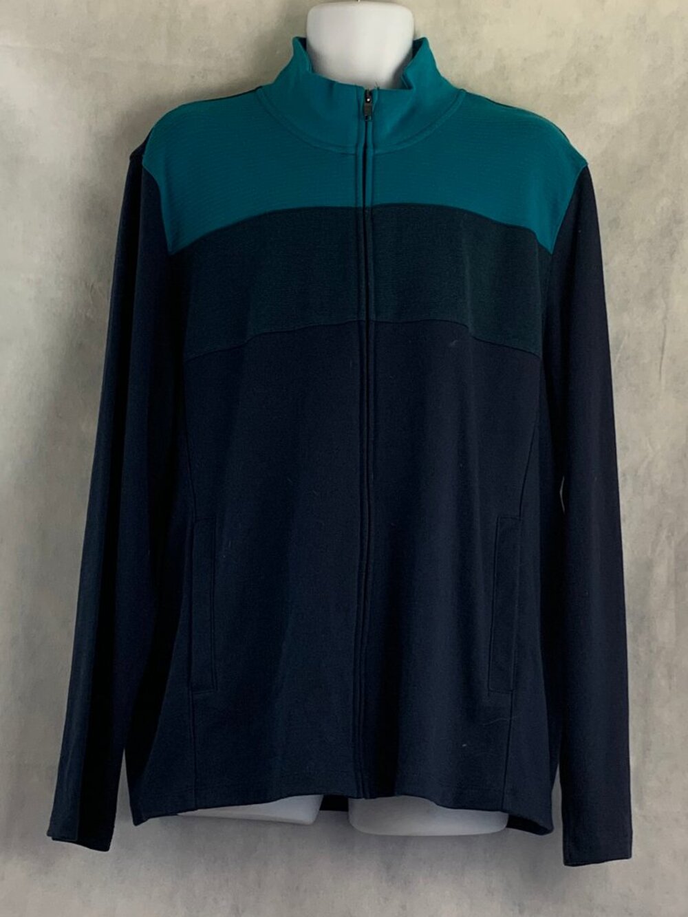 Alfani Men's Full-Zip Knit Softshell Jacket, Navy Blue and Teal Colorblock, XXL
